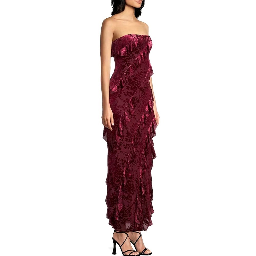 NEW! Thirty Thirty Strapless Burnout Asymmetrical Ruffle Velvet Dress Red SZ XL